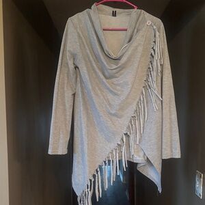 Gray Asymmetrical Fringe Cardigan